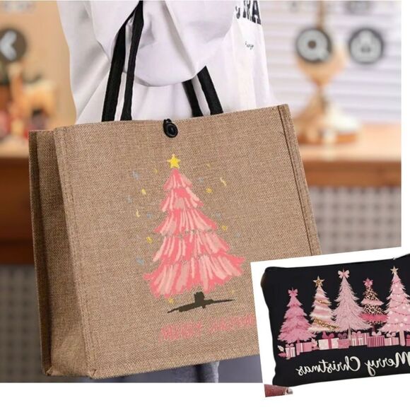 Botique Handbags - Festive Pink Christmas Tree Jute Tote With Makeup Bag